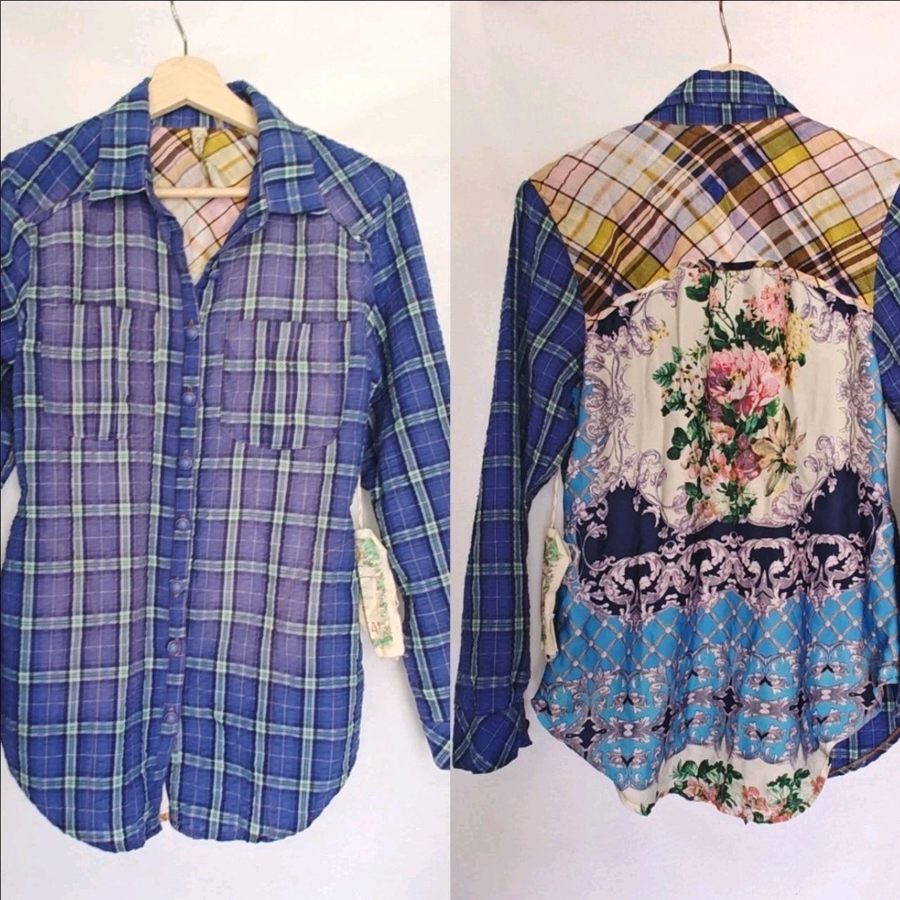 Aratta Silent Journey Tunic Button Up Shirt Blue Green Floral Plaid Mixed XS New